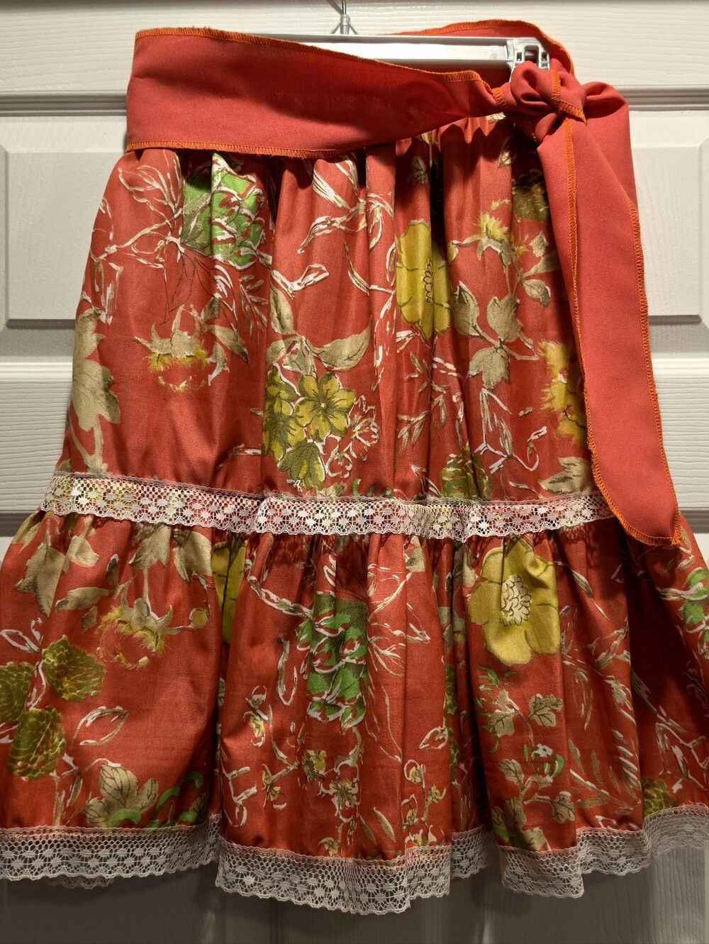 Spanish Floral Tiered Skirt with Sash - Coral